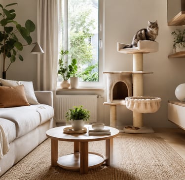 Pet-friendly small living room with a wooden cat tree, cozy sofa, indoor plants and warm natural light.