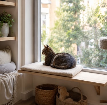 Cozy window-side pet corner with a cat resting on a soft cushion, natural light, wooden shelving, wo