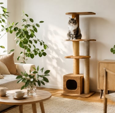 Small living room with a wooden cat tree, sisal posts, indoor plants and a cat sitting on the platform.