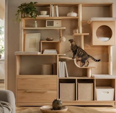 Bookshelf-style cat furniture with storage, sisal posts and a cat climbing in a small apartment.