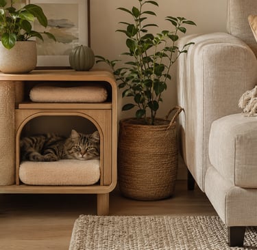 Wooden cat bed side table with sisal post, indoor plants, beige sofa and a resting cat.