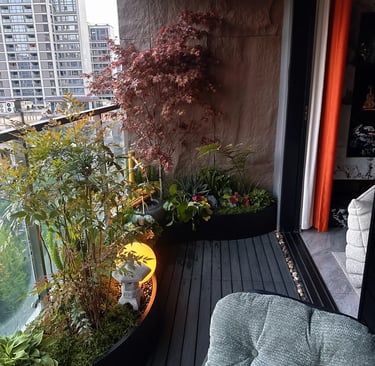 Modern small balcony design with compact seating, greenery, and thoughtful space-saving outdoor deco