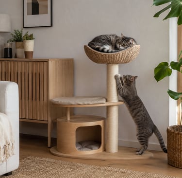 Small apartment pet corner with modern wooden cat furniture, sisal scratching post, neutral cushions
