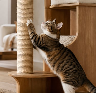 Small living room with a slim wooden cat tree, sisal posts, plants and a cat on the platform.