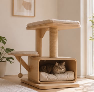 Multifunctional wooden cat furniture with a cozy bed, sisal post, soft cushion and warm natural light.