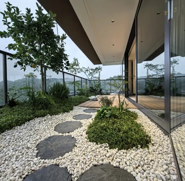 Cozy balcony with warm ambient lighting and natural wooden textures, inspired by warm European outdoor living