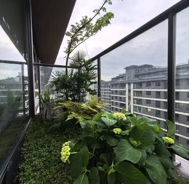 Cozy balcony with warm ambient lighting and natural wooden textures, inspired by warm European outdoor living