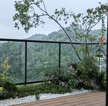 Cozy balcony with warm ambient lighting and natural wooden textures, inspired by warm European outdoor living
