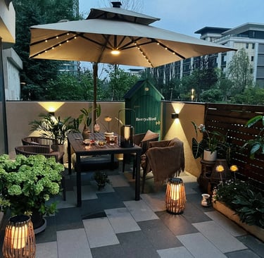 Comfortable garden retreat with outdoor seating, natural greenery, ambient lighting and cozy outdoor lifestyle inspiration.