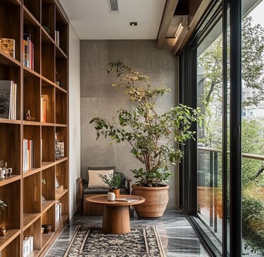 Everyday balcony reading corner with a comfortable chair, folded blanket, small coffee table, potted