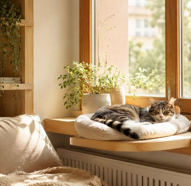 Cozy window cat perch with soft cushion, warm sunlight, indoor plants and a cat resting by the window.