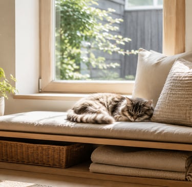 Cat resting on a cushioned window bench with plants, woven storage and warm natural light.