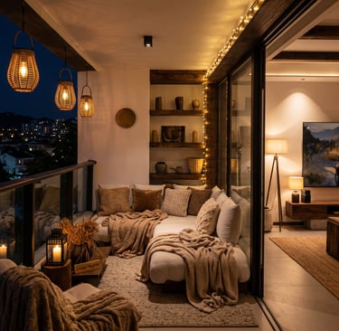 Cozy balcony with warm ambient lighting and natural wooden textures, inspired by warm European outdoor living