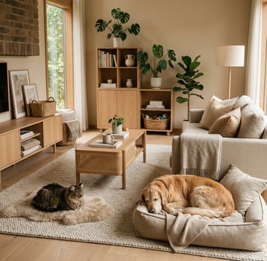 Cozy pet corner in a warm living room with a cat, dog, soft cushions, natural wood furniture and ind