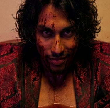 Actor Kesava Chandra as Brahma Vardha in a bathtub filled withblood in Luciferum (2031)