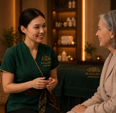 A smiling wellness therapist at Ragaku Wellness consulting with a client in a luxury spa setting.