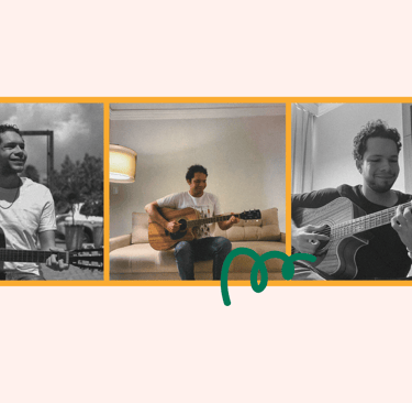 Lucas Sampaio, palestrante autista, músico e comunicador, tocando violão em três momentos distintos.