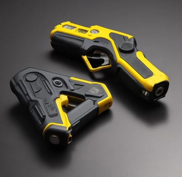 Close-up of compact personal protection tools like alarms and stun guns designed for women.