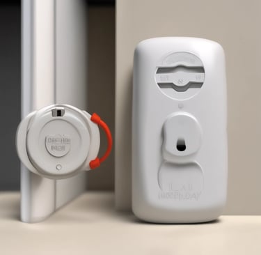 A selection of sturdy, stylish safety equipment such as door alarms and window locks displayed on a wooden table.