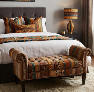 An artistic arrangement of handcrafted decor pieces featuring bold patterns and textures.