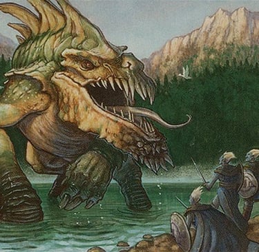 Fantasy illustration of a giant spined monster emerging from a lake to attack elf warriors.