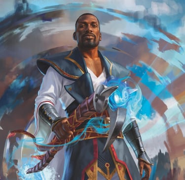 Fantasy art of Teferi, a powerful mage wielding a glowing blue staff against a swirling sky background.