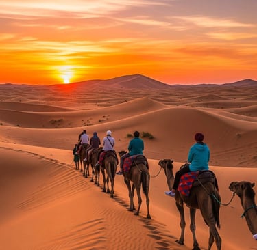 Dromedários no Deserto do Saara, turismo aventura Marrocos, passeio de camelo.