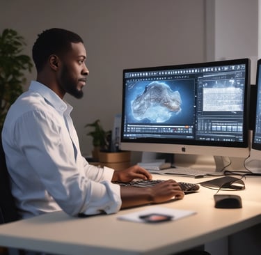 Warm lighting illuminating a workspace filled with colorful sketches, marketing plans, and artwork