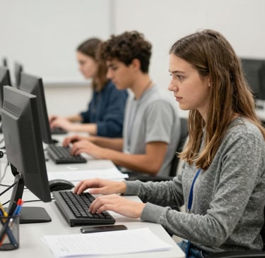 A happy customer reading a digital course on a tablet, surrounded by notes and a cup of tea.