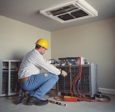An electrician installing wiring inside a commercial building, focused and precise.