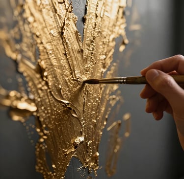 Close up of premium hand painted textured accent wall with custom gold leafing by Kiroula Arts