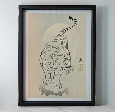 Affiche illustrée d'un tigre fait au trait, minimaliste, style estampe japonaise