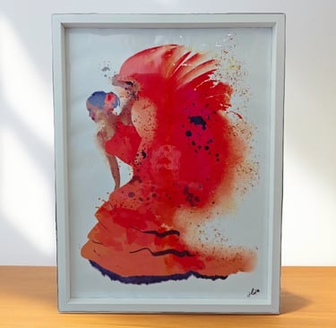 Affiche encadrée colorée d'une danseuse en rouge de Flamenco
