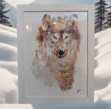 Affiche encadrée aquarelle d'un loup coloré, qui regarde droit devant avec des yeux perçants