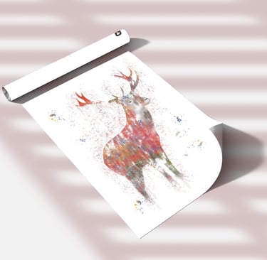 Affiche aquarelle d'un cerf, qui regarde de profil avec des tâches aquarelles