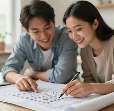 Candid, warm photograph of a young couple leaning over a large architectural blueprint, smiling as they point to a detail. The lighting is bright and natural, reflecting an inviting home atmosphere. The technician's hand, holding a charcoal (#2F4F4F) pen, is visible. The overall mood is storytelling and personal.