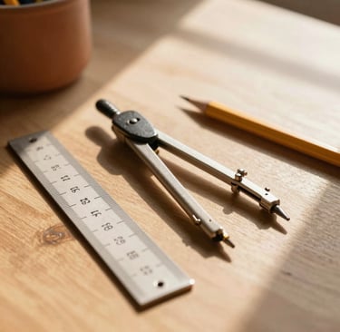 A close-up, cinematic shot of architectural tools—a ruler, a compass, and a drafting pencil—resting on a warm oak surface. The scene is bathed in golden hour sunlight (#F9F6EE), with soft shadows casting a calm, professional atmosphere. A hint of terracotta (#B85C3D) appears in a nearby ceramic pencil holder.