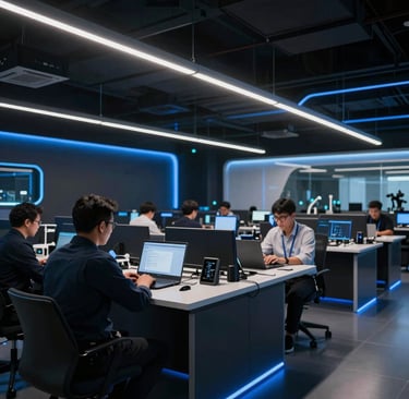 A sleek modern technological research center in Jakarta, Indonesia. Southeast Asian professionals work on laptops in a high-contrast environment with deep obsidian black surroundings, illuminated by ambient vibrant tech blue lighting and crisp white accent lights.