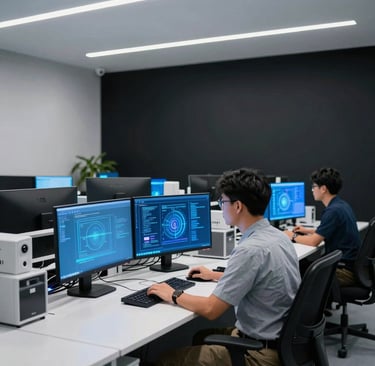 A professional photography shot of a modern artificial intelligence research lab in a high-rise office in Jakarta, Indonesia. A Southeast Asian / Indonesian software developer in smart casual attire works at a sleek desk setup with glowing monitors in vibrant tech blue against an obsidian black backdrop with subtle crisp white lighting.