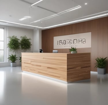 A clean, modern office reception area with the rezora healthcare logo prominently displayed on the wall.