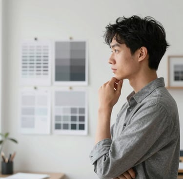 A professional and minimalist portrait of a graphic designer in a bright studio. The designer is looking thoughtfully at a mood board. Soft, natural morning lighting highlights clean lines. The environment uses a palette of #F8F8F4 and #A0A696, reflecting refined creativity and a strategic aura.