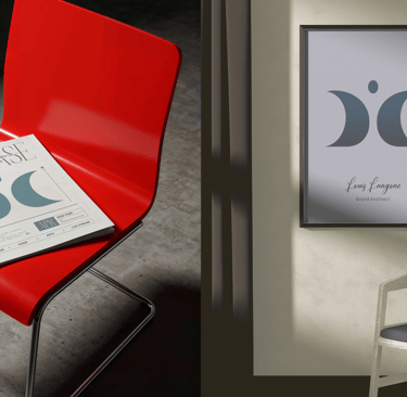 Visual applications of The Path Divider brand identity – magazine and poster with Louis Langone logo