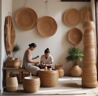 Two women weaving handmade wicker baskets in a studio with boho jute wall decor and woven furniture.