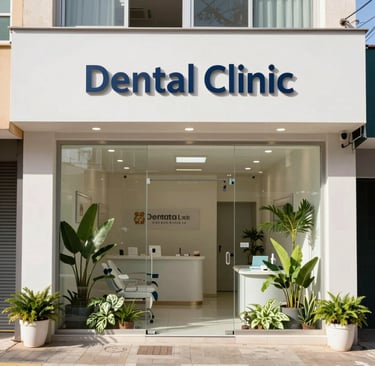 A welcoming clinic entrance with modern glass doors and greenery around.