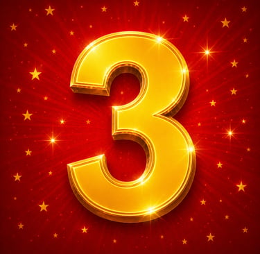 Numéro 3 doré – fond rouge lumineux avec étoiles