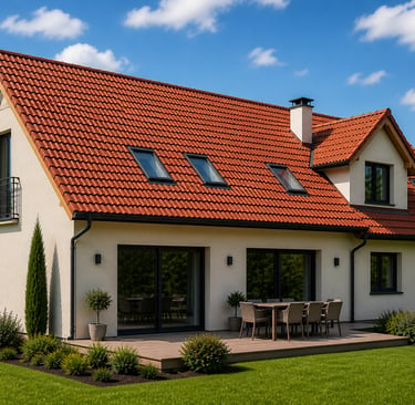 Maison avec façade en enduit et toiture en tuiles