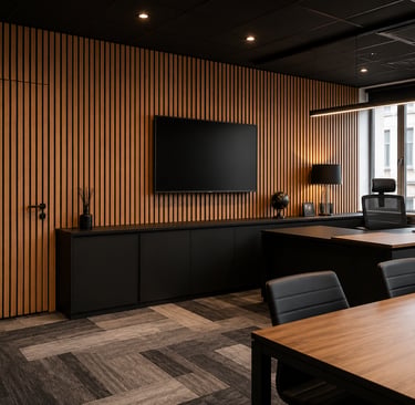 Bureau professionnel avec habillage mural en bois réalisé par SAN BAT RENOV à Paris
