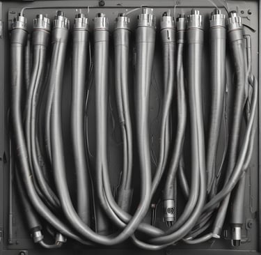 A close-up of high-quality industrial cables neatly coiled with metallic connectors gleaming under soft workshop lighting.