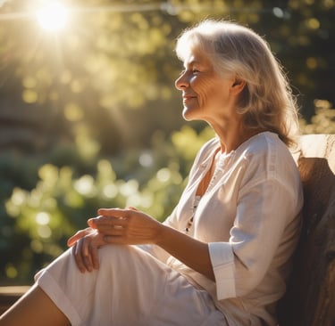 Smiling senior woman sitting outdoors in golden hour sunlight, enjoying a peaceful retirement lifestyle.