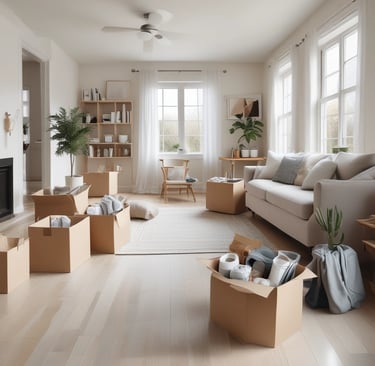 Bright modern living room filled with cardboard moving boxes for a home relocation.